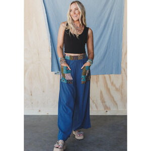 THREE BIRD NEST No Rush Wide Leg Pants Sz XL Blue Patchwork Hippie Boho Cottage